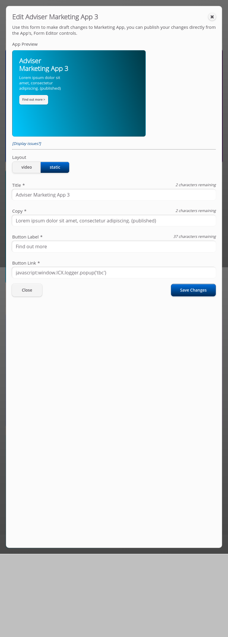 Role-Marketing > 01 Marketing Dashboard > Edit Marketing Apps